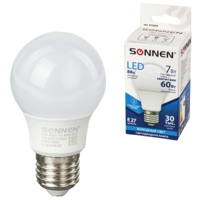 Лампа светодиодная SONNEN, 7 (60) Вт, цоколь Е27, груша, холодный белый свет, 30000 ч, LED A55-7W-4000-E27, 453694