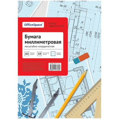 Бумага масштабно-координатная А3 10л, в папке, голубая, OfficeSpace, Россия