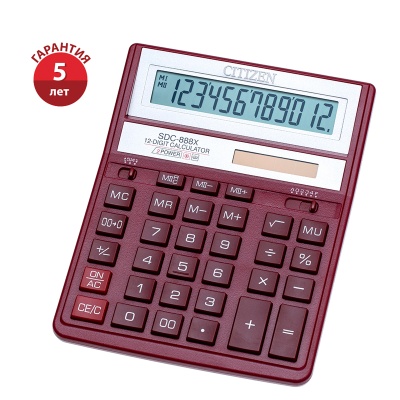Калькулятор настольный CITIZEN SDC-888XRD, 12 разряд, 2 питание, пластик, красный, 158 х 203 х 31мм, Китай