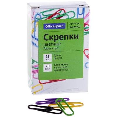 Скрепки 28мм, овальные, с цветным виниловым покрытием  (70шт) , OfficeSpace, Россия