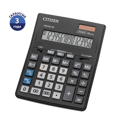 Калькулятор настольный CITIZEN Business Line CDB1601-BK, 16 разряд, 2 питание, пластик, черный, 157 х 200 х 35мм, Китай