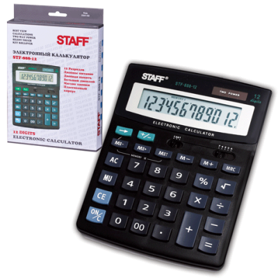 Калькулятор настольный STAFF STF-888-12, 12 разряд, 2 питание, пластик, черный, 150 х 200 х 31мм, Китай