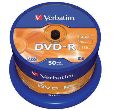 Диск DVD-R 4,7GB/120min, 4x (50шт) , Cake box, Verbatim, Китай