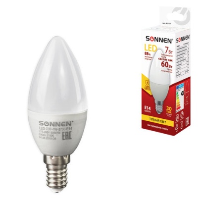 Лампа светодиодная SONNEN, 7 (60) Вт, цоколь Е14, свеча, теплый белый свет, 30000 ч, LED C37-7W-2700-E14, 453711